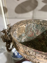 Two Chinese ritual bronze 'ding' and 'gui' food containers, possibly Warring States Period