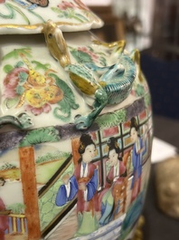 Two Chinese Canton famille rose vases with palace scenes and floral design, one of which mounted as lamp, 19th C.