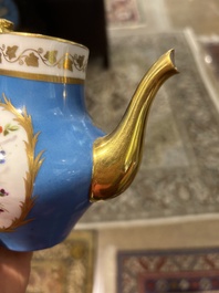 A French blue ground S&egrave;vres style t&ecirc;te-&agrave;-t&ecirc;te two-persons tea service, 19th C.