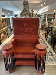 A Chinese five-piece red lacquer throne ensemble with dragons in imperial Qianlong style, 20th C.