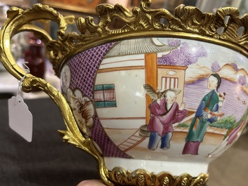 A Chinese gilt bronze mounted famille rose 'Mandarin' bowl, Qianlong