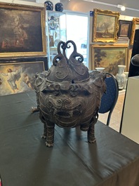 A Chinese bronze 'three luduan' tripod censer, 17th/18th C.