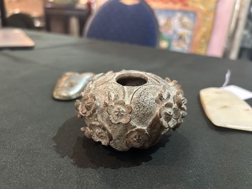 A small Chinese ritual axe, a water jar and a pendant in jade and hardstone, possibly Liangzhu or Han