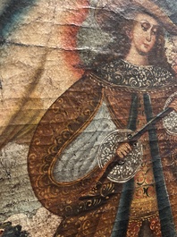 School van Cusco, Peru: Een engel met een haakbus en een engel met een fluit, olie op doek, 18de eeuw