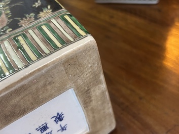 A pair of Chinese square famille noire vases with floral design, Kangxi mark, 19th/20th C.