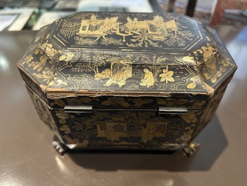 A Chinese Canton lacquer tea box with two pewter tea caddies, 19th C.