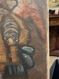 School van Cusco, Peru: Een engel met een haakbus en een engel met een fluit, olie op doek, 18de eeuw