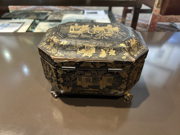 A Chinese Canton lacquer tea box with two pewter tea caddies, 19th C.