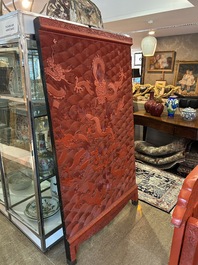 A Chinese five-piece red lacquer throne ensemble with dragons in imperial Qianlong style, 20th C.