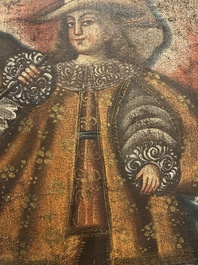 School van Cusco, Peru: Een engel met een haakbus en een engel met een fluit, olie op doek, 18de eeuw