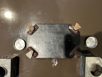 A Chinese Canton lacquer tea box with two pewter tea caddies, 19th C.