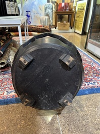 A reticulated Chinese wooden stand with marble top and a French gilt brass and champlev&eacute; 'elephant' lamp, 20th C.
