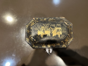 A Chinese Canton lacquer tea box with two pewter tea caddies, 19th C.