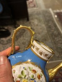 A French blue ground S&egrave;vres style t&ecirc;te-&agrave;-t&ecirc;te two-persons tea service, 19th C.