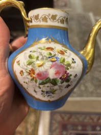 A French blue ground S&egrave;vres style t&ecirc;te-&agrave;-t&ecirc;te two-persons tea service, 19th C.