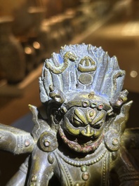 A Sino-Tibetan gilt bronze 'Mahakala' sculpture with polychrome design, 19th/20th C.