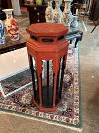 A Chinese five-piece red lacquer throne ensemble with dragons in imperial Qianlong style, 20th C.