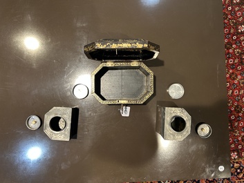 A Chinese Canton lacquer tea box with two pewter tea caddies, 19th C.