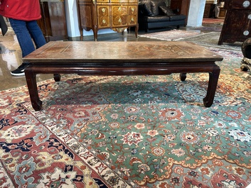 A Chinese low table with partly polychromed wooden top with engraved dragon and phoenix design, Qing and 20th C.