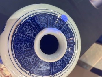 Five Chinese blue and white jars and vases with floral design and figures in a landscape, 19th/20th C.