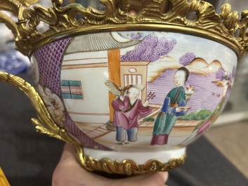 A Chinese gilt bronze mounted famille rose 'Mandarin' bowl, Qianlong