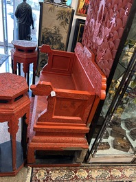 A Chinese five-piece red lacquer throne ensemble with dragons in imperial Qianlong style, 20th C.