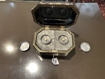 A Chinese Canton lacquer tea box with two pewter tea caddies, 19th C.