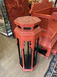A Chinese five-piece red lacquer throne ensemble with dragons in imperial Qianlong style, 20th C.