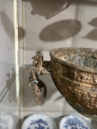 Two Chinese ritual bronze 'ding' and 'gui' food containers, possibly Warring States Period