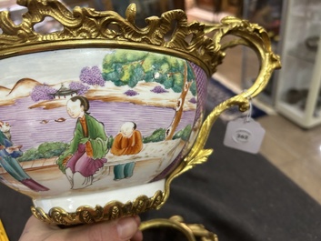 A Chinese gilt bronze mounted famille rose 'Mandarin' bowl, Qianlong