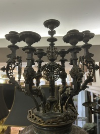 A pair of Japanese cloisonn&eacute; vases with French partly gilt bronze chinoiserie candelabra mounts, 19th C.