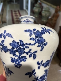 Five Chinese blue and white jars and vases with floral design and figures in a landscape, 19th/20th C.