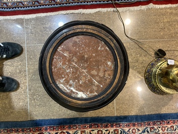 A reticulated Chinese wooden stand with marble top and a French gilt brass and champlev&eacute; 'elephant' lamp, 20th C.