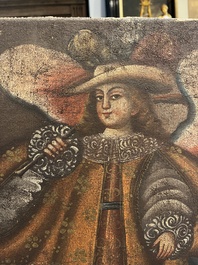 School van Cusco, Peru: Een engel met een haakbus en een engel met een fluit, olie op doek, 18de eeuw