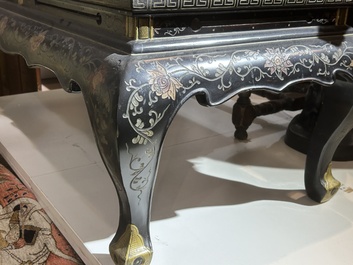 A Chinese rectangular lacquered wooden table with three cloisonn&eacute; plaques, 20th C.