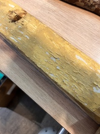 A pair of French carved gilt wooden Louis XV consoles with marble tops, 18th C.