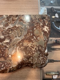 A pair of French carved gilt wooden Louis XV consoles with marble tops, 18th C.