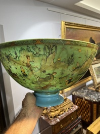 A large turquoise glass bowl painted with battle, hunting and polo scenes, Qajar, Iran, 19th C.