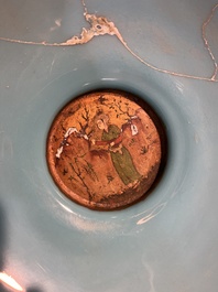 A large turquoise glass bowl painted with battle, hunting and polo scenes, Qajar, Iran, 19th C.
