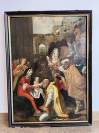 Prague school: The adoration of the magi, oil on panel, 17th C.