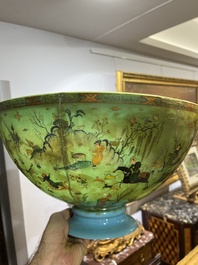 A large turquoise glass bowl painted with battle, hunting and polo scenes, Qajar, Iran, 19th C.