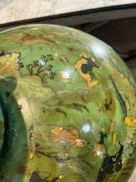 A large turquoise glass bowl painted with battle, hunting and polo scenes, Qajar, Iran, 19th C.