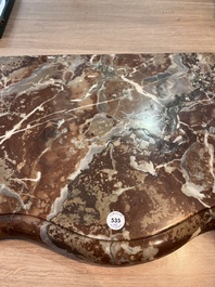 A pair of French carved gilt wooden Louis XV consoles with marble tops, 18th C.