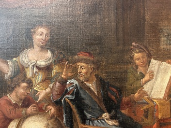Vlaamse school, in de stijl van Gerard Thomas (1663-1720): Het atelier van de astronoom-geograaf, olie op doek, eerste helft 18de eeuw