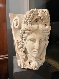 A large French architectural carved stone fragment with the head of Ceres, 19th C.