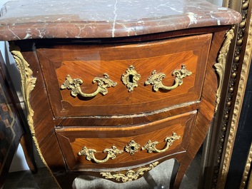 Jean-Charles Ellaume (1714 &ndash; 1763) and Antoine Nicolas: A small Louis XV marquetry chest of drawers with gilt bronze mounts and red marble top