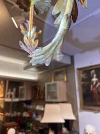 A Hollywood Regency style patinated metal six-light palm tree chandelier, 20th C.