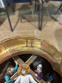 Two Limoges enamel plaques and a pax with religious subjects, 19th/20th C.