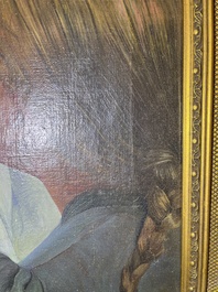 Firmin Baes (1874-1943): 'Sc&egrave;ne familiale', oil on canvas, with dedication, dated 1894