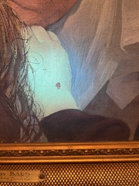 Firmin Baes (1874-1943): 'Sc&egrave;ne familiale', oil on canvas, with dedication, dated 1894